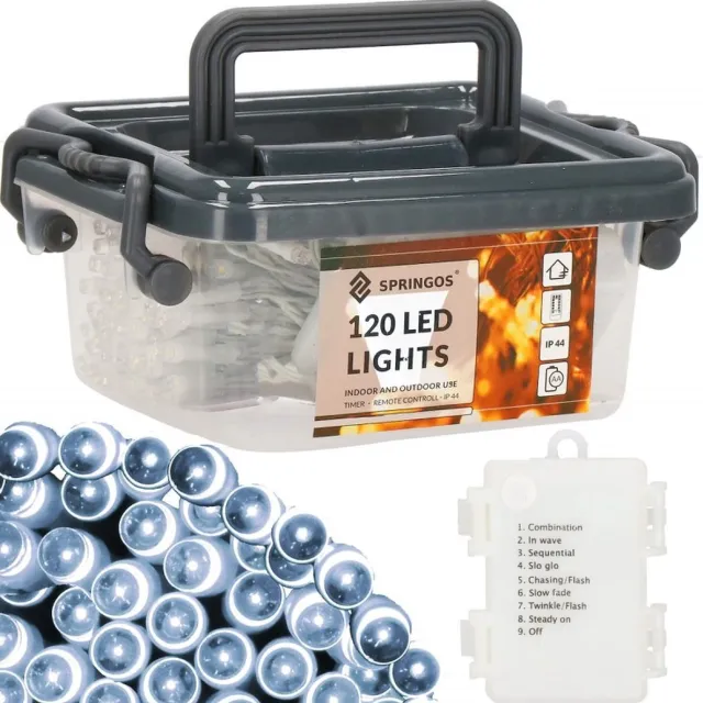 springos Kerstverlichting - Batterij - Afstandsbediening - 9 M - 120 LED - Koel Wit