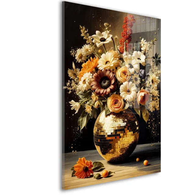 De Online Drukwinkel Glasschilderij Gouden bloemendroom - 90 x 60 cm - Bloemstuk - Bloemen en Planten - Acrylaat - Inclusief wandbevestiging - Foto op plexiglas - Wanddecoratie woonkamer – Modern – Klassiek