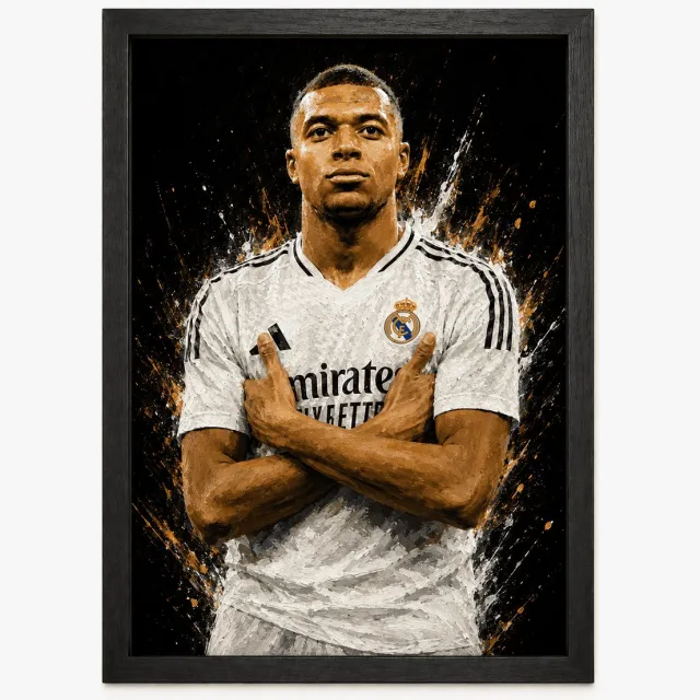 Joshimo Kylian Mbappé Poster | Real Madrid Voetbalposter | Inclusief Zwarte A4 Lijst | Sport Wanddecoratie