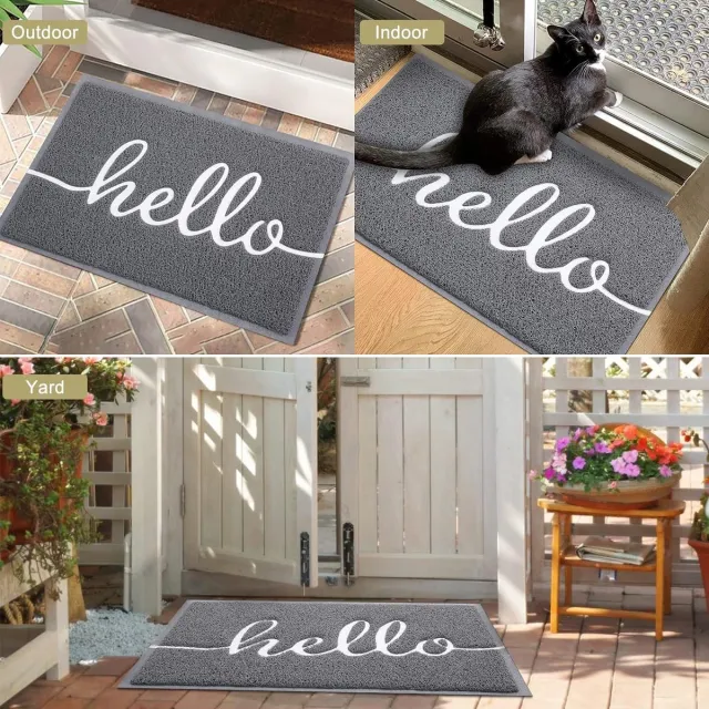 Hello "Hello" Deurmat, voor binnen en buiten, antislip vuilvangmat, wasbare voetmat voor huisdeur, entree, tuin, 40 x 60 cm, grijs