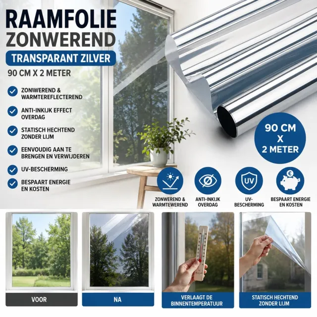 Wicotex Raamfolie - Zonwerendende raamfolie - Afmeting 90cm x 2m - Kleur transparant-zilver