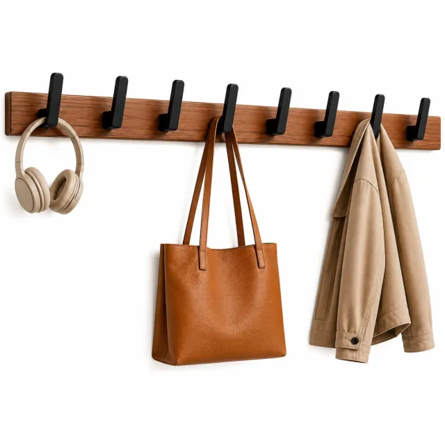 PolkaHome Wandkapstok Hout met 8 Zwarte Haken - Moderne Wandhaak voor Jassen, Tassen, Handdoeken & Koptelefoon - Minimalistisch Design Bruin
