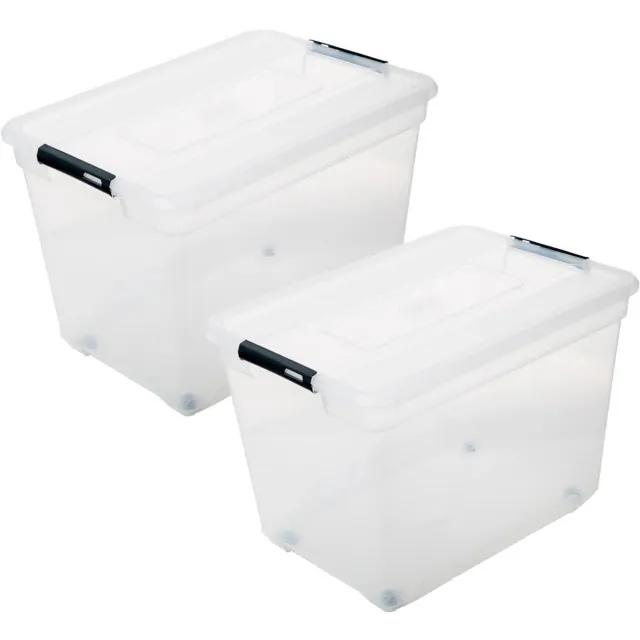 5Five® 5Five opberg kist met deksel - 2x - Solutions Box - 100 liter - 67 x 48 x 46 cm - kunststof - transparant - met wielen