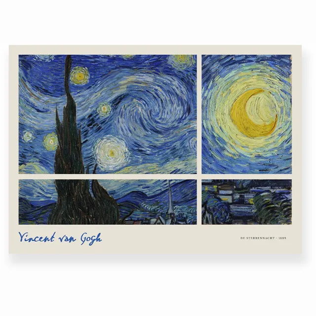 Yisual Poster 70x50 cm - Sterrennacht - Vincent van Gogh - Blauw - Geel - Beige - Klassiek - Postimpressionisme - Wanddecoratie