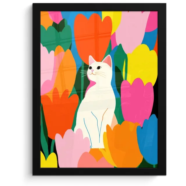 FrameYourWall Poster in lijst - Fotolijst 30x40 cm - Posters - Tulpen - Kat - Kleurrijk - Posterlijst zwart - Decoratie - Wanddecoratie woonkamer - Muurdecoratie slaapkamer