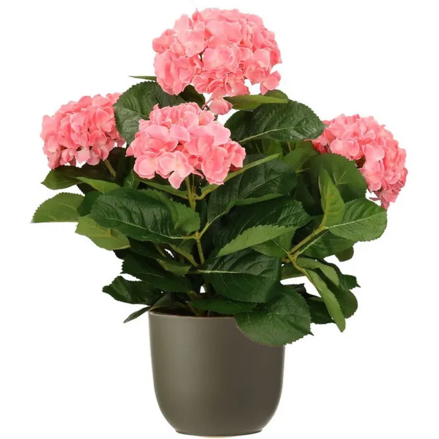 Mica Decorations Hortensia kunstplant/kunstbloemen 45 cm - roze - in pot olijfgroen mat - Kunst kamerplant Olijf groen