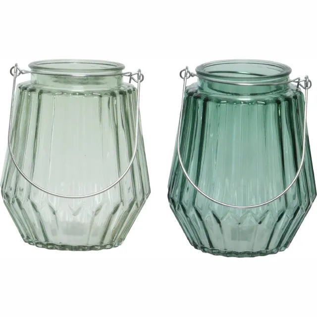 Decoris Set van 2x stuks theelichthouders/waxinelichthouders streep glas zeegroen en mistgroen met metalen handvat 11 x 13 cm