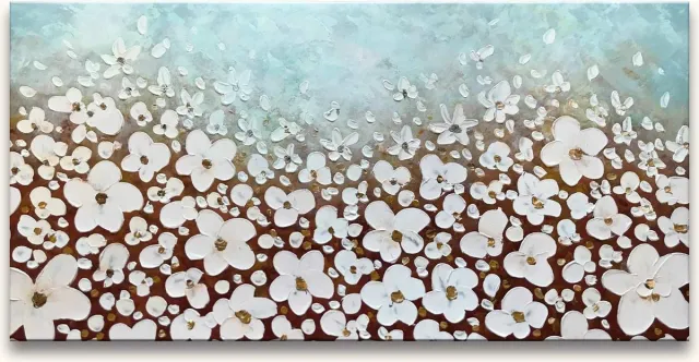Grootmeesters ® Handgeschilderd schilderij Olieverf op Canvas - Lentekriebels wit, lichtblauw