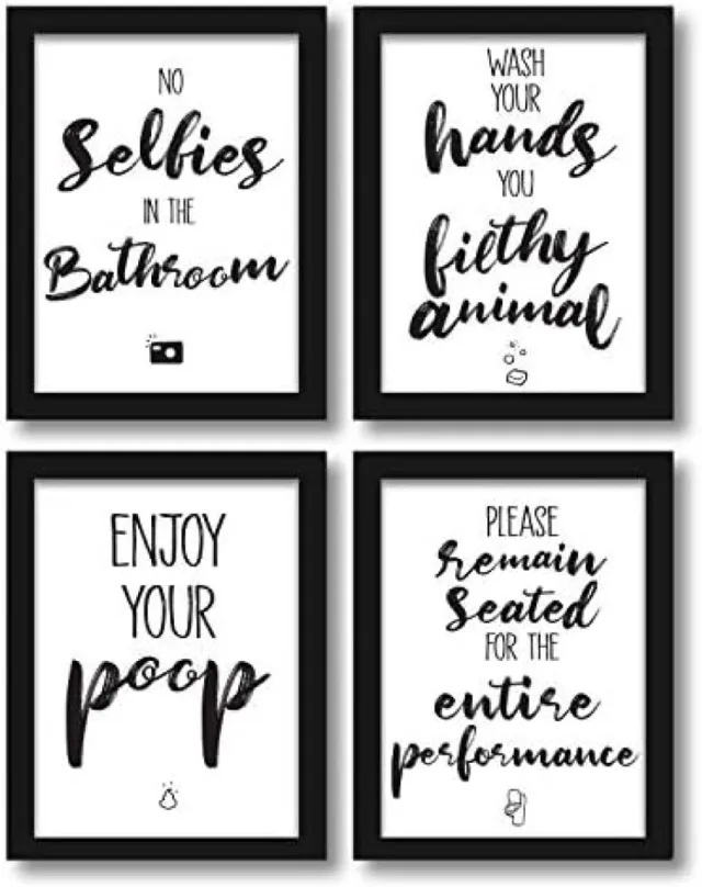 PromoHome Set van 4 Grappige Badkamerposters met Humoristische Citaten - Zwart-Wit Decoratieve Wanddecoratie voor Toilet en Badkamer - A4 Formaat 21x29,7 cm zonder Lijst
