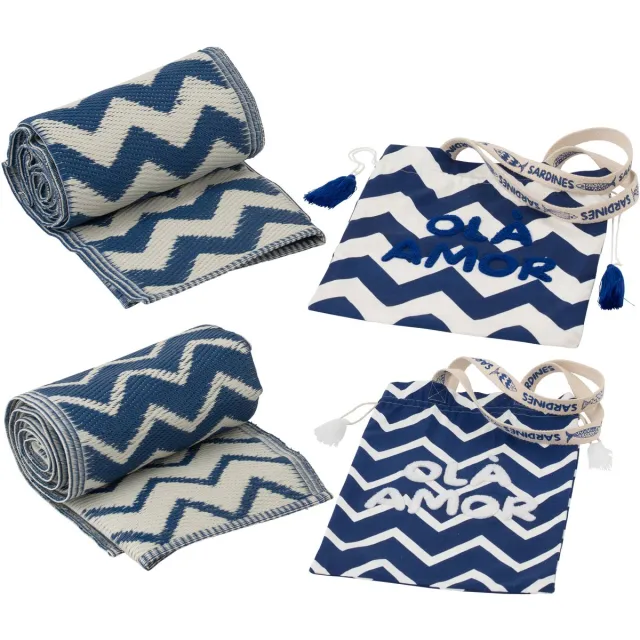 J-Line strandlaken Ola Amor - katoen - wit/donkerblauw - set van 2