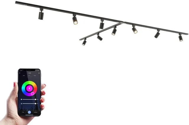 HOFTRONIC railverlichting pakket T-vorm – 3x 1,5 meter rail – 9 RGBWW GU10 railspots – dimbaar – aluminium zwart – IP20 – modulair – 230V – smart track lights woonkamer keuken
