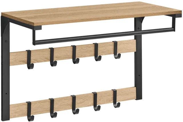 LEOBERT Wandkapstok LCR101B11 - 10 haken - Sonoma/zwart - 65 cm Sonoma eikenlook