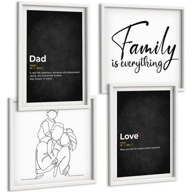 TULUP 4-Delige Schilderij Set - Familielijnkunst met definities van liefde en vaderschap. - 40x40 en 40x60 - Stijlvolle Muurdecoratie - Kantoor - Woonkamer Decoratie Witte lijst