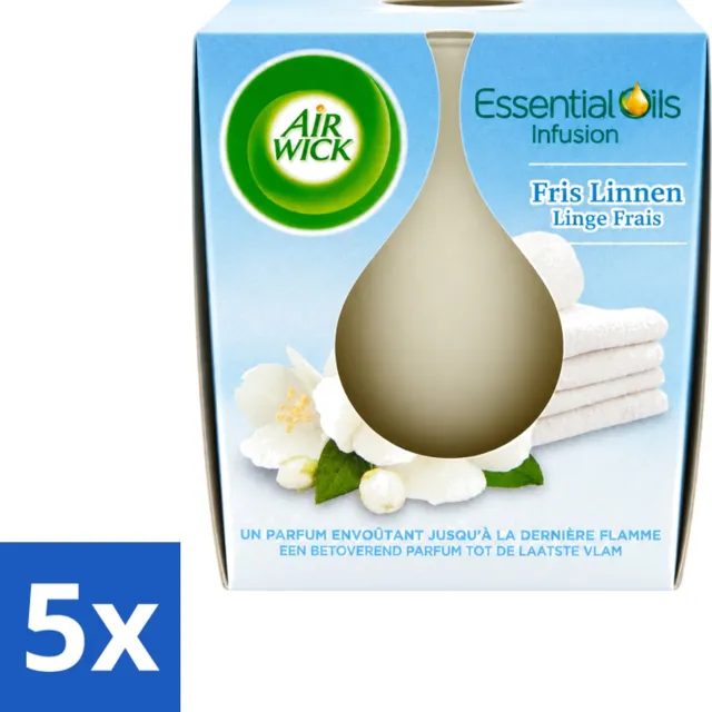 Air Wick 5 x Air Wick – Geurkaars – Fris Linnen met Essentiële Oliën – 105 g - Voordeelverpakking - 5 stuks Wit