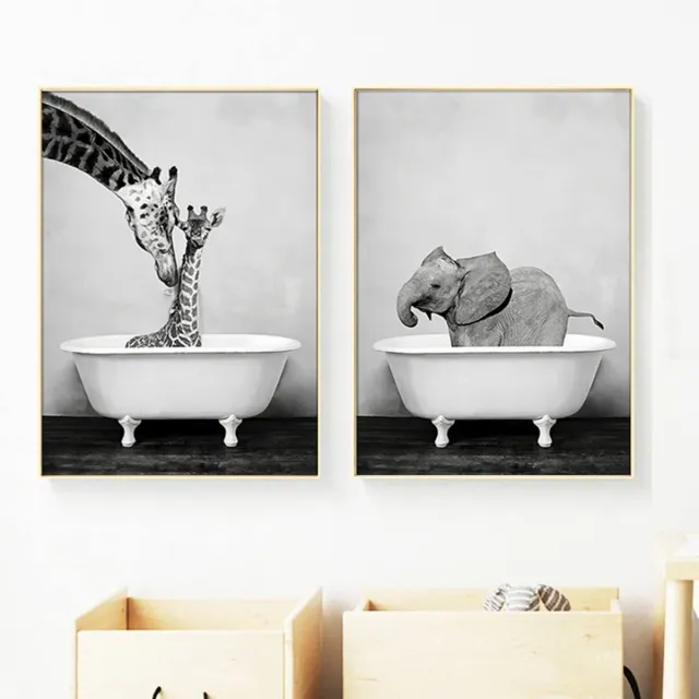 Ibenzoa Canvas Schilderij van Giraffe in Bad voor Levendige Wanddecoratie Zwart wit