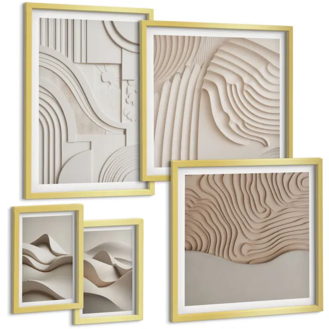 TULUP 5-Delige Schilderij Set - Abstracte structurele vormen in beige en witte tinten. - 50 x 50 cm, 20 x 30 cm en 40 x 60 cm - Stijlvolle Wanddecoratie - Interieur - Moderne Wanddecoratie Gouden lijst