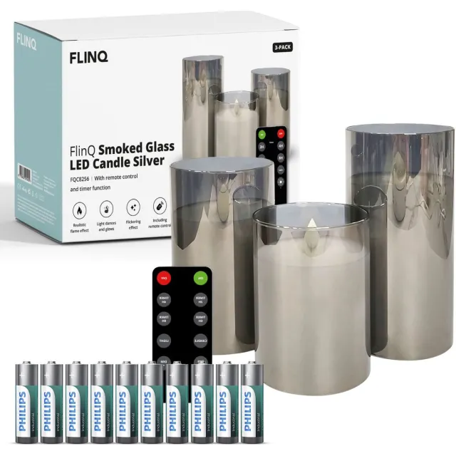 Flinq LED Kaarsen met Bewegende Vlam in Smoked Glass - Inclusief Batterijen en Afstandsbediening met Timer en Dimfunctie - Nep Kaarsen met Flikkerende Vlam - Dinerkaarsen - 3 stuks- Zilver Zilver + Batterijen