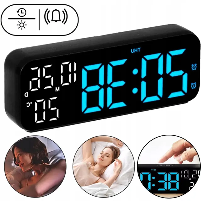 JIMUYU Digitale Kalenderklok 7 Inch LED – Datum, Temperatuur En Stembediening – Dubbel Alarm En Snooze En Automatische Dimmer – USB-Voeding En Batterijback-Up – Zwart
