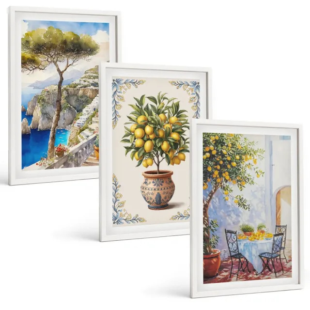 TULUP 3-Delige Schilderij Set - Zeezicht met citroenboom en tuintafel - 40x60 - Muurdecoratie - Decoratieve Schilderijen - Wohnzimmer - Woonkamer Decoratie Witte lijst