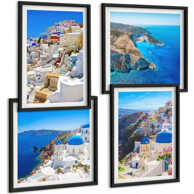 TULUP 4-Delige Schilderij Set - Landschapsarchitectuur en uitzichten op de stad Oia op Santorini, Griekenland - 40 x 40 cm en 40 x 60 cm - Stijlvolle Muurdecoratie - Kantoor zwarte lijst