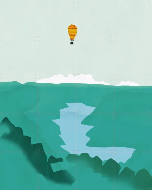 IXXI Hot Air Balloon Wanderlust, Little Dean & Various - 80 x 100 cm - Grote wanddecoratie en posters - Digitale Kunst, Kleurrijk, Abstract Blauw / Geel / Groen