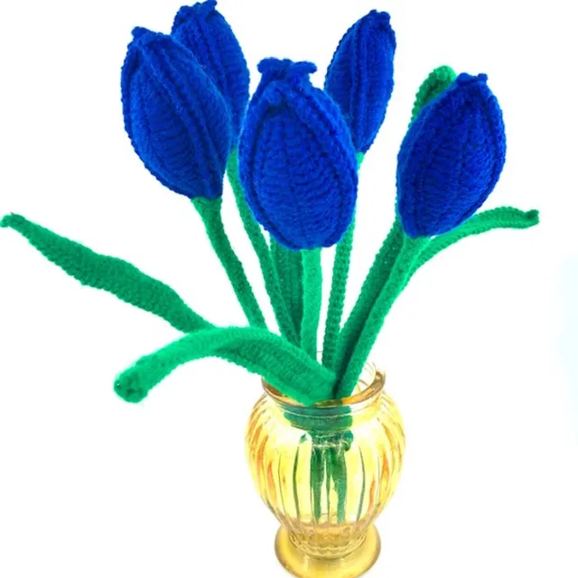 luna-leena duurzaam Hollandse gehaakte tulpenboeket in blauw - 5 bloemen - wol - hand gehaakt in Nepal - Dutch tulips souvenir - feest - afscheid - jubileum - bloemetje - beterschap - geluk - liefde - verjaardag - geboorte - tulpen uit Amsterdam