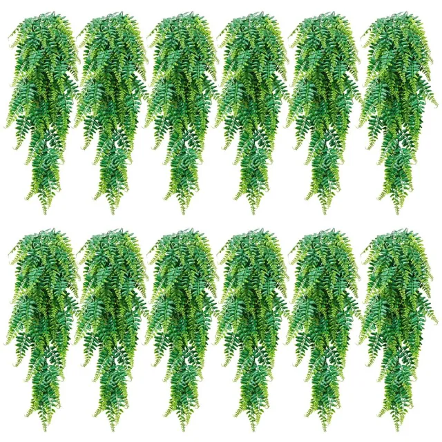 Vevor 12 stuks Kunstmatige Hangvarens, Kunstplanten met een Hanglengte van 79 cm, Gemaakt van Synthetische en Zijden Stof, UV-Bestendige Kunstmatige Bostonvarens voor Huis, Tuin- en Kantoordecoratie, Zonder Bloempot Groen
