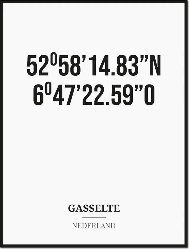 Studio216 Poster/kaart GASSELTE met coördinaten zwart, wit