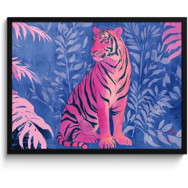 FrameYourWall Poster in lijst - Fotolijst 70x50 cm - Posters - Tijger - Roze - Bladeren - Jungle - Posterlijst zwart - Decoratie - Wanddecoratie woonkamer - Muurdecoratie slaapkamer Tijger - Bladeren