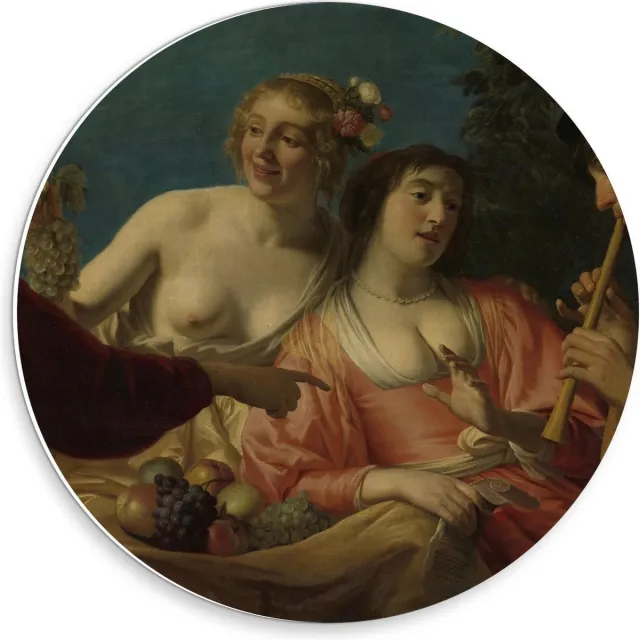 KuijsFotoprint Schilderij - Oude Meesters Fluitspelende Herder Herderinne. Gerard V Honthorst - Blauw, Bruin En Roze - 30 X 30 Cm