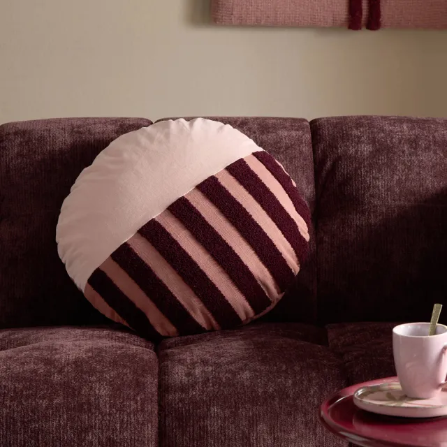 NOUS Living Lourdes rond gestreept sierkussen 50x50 cm - lichtroze/bordeauxrood lichtroze/donkerroze/burgundy
