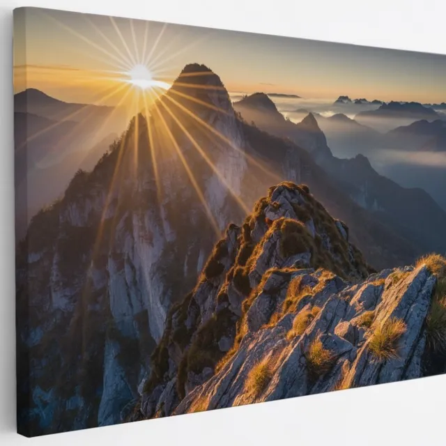 Saammp Canvas Schilderij -Bergtoppen met zonsopgang - Landschap - Natuur - 30x20 - Foto op canvas - Wanddecoratie - Muurdecoratie Woonkamer - Slaapkamer decoratie - Canvas Print Multicolor