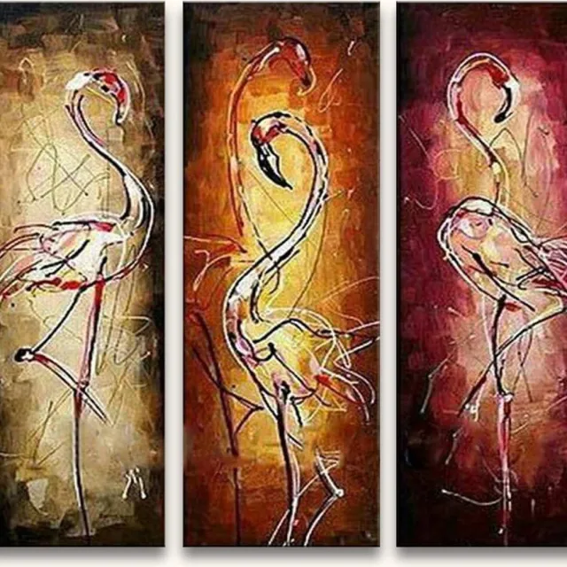 Grootmeesters ® Handgeschilderd schilderij Olieverf op Canvas - Flamingo's - 3-Luik bruin, oranje, rood