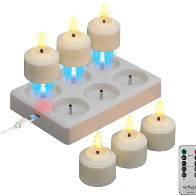 GelldG 6 stuks oplaadbare theelichtjes - Met timer en oplaadstation - LED-theelichtjes - Sprankelende lichtjes - Geschikt voor kamer, woonkamer, Halloween, Kerstmis, bruiloft, tafeldecoratie wit