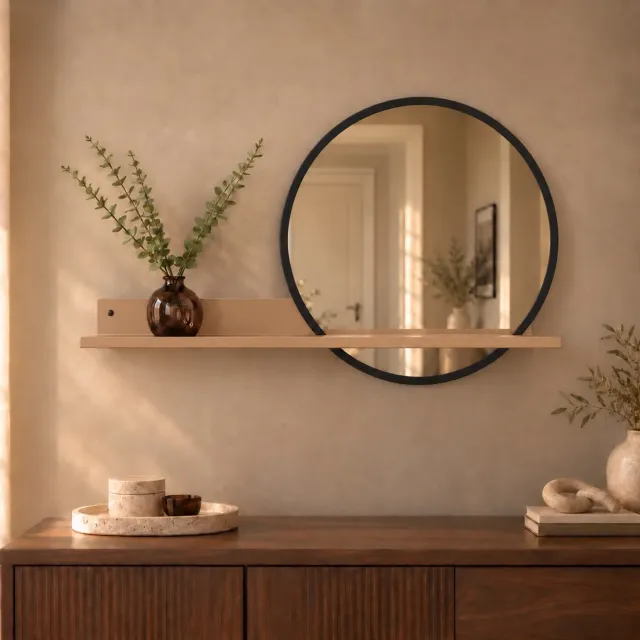 By Bresi Ronde wandspiegel met plank beige- Zwarte hal spiegel diameter 51 cm - Spiegel met wandplank- Woonkamer - Badkamer - Toilet - Spiegelplank - ByBresi Belvi Beige
