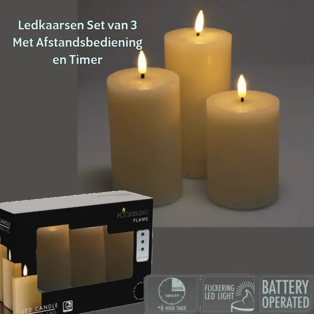 flickering flame Ledkaarsen Set van 3 - Ivoorkleur - Met Afstandsbediening en Timer - Flikkerend Licht - Echt Wax Ivoor wit