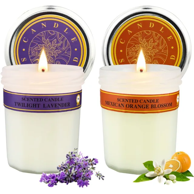 NAIZY Geurkaars Gift Set 210g 2pcs Sticker Glazen, Geurkaars Decoratie Set voor slaapkamer, woonkamer (C, Lavendel + Oranjebloesem)