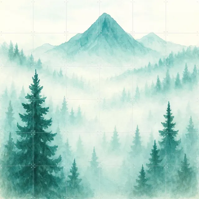 IXXI Dennenbos En Bergen In De Ochtendmist, Natalie Bruns - 120 x 120 cm - Grote wanddecoratie en posters - Aquarel, Gang, Studeerkamer, Woonkamer Blauw / Groen