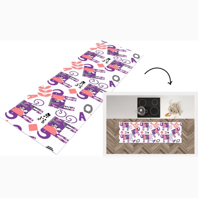 KitchenYeah Keukenloper - Loper keuken - Olifanten - Bladeren - Paars - Patroon - Keukenloper vinyl Multicolor