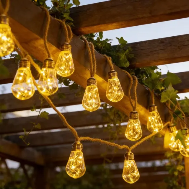 Zyronn Solar buitenverlichting - 5 meter retro henneptouw solar tuinverlichting - Waterdichte warmgekleurde solar lichtslinger - 8 standen - Afstandsbediening - USB-opladen - 10 onbreekbare lampjes - Geschikt voor tuinen, schuttingen, trappen en balkons