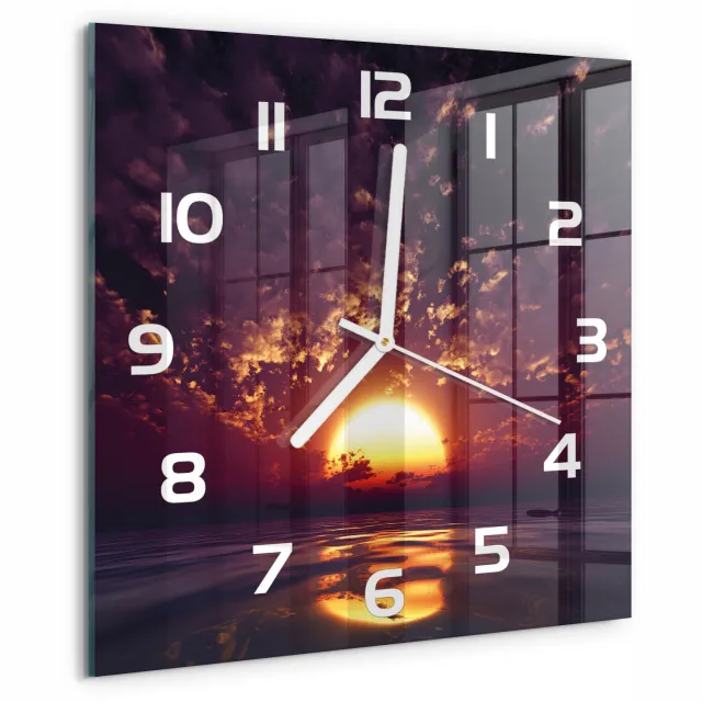 TULUP Wandklok - Zonsondergang Wandklok Glas Decoratie - 30x30 cm - Geel Gekleurde Glazen Klok - Witte handen - Vierkante Klok - Klok Glas Met Opdruk - Moderne Wandklok Glas
