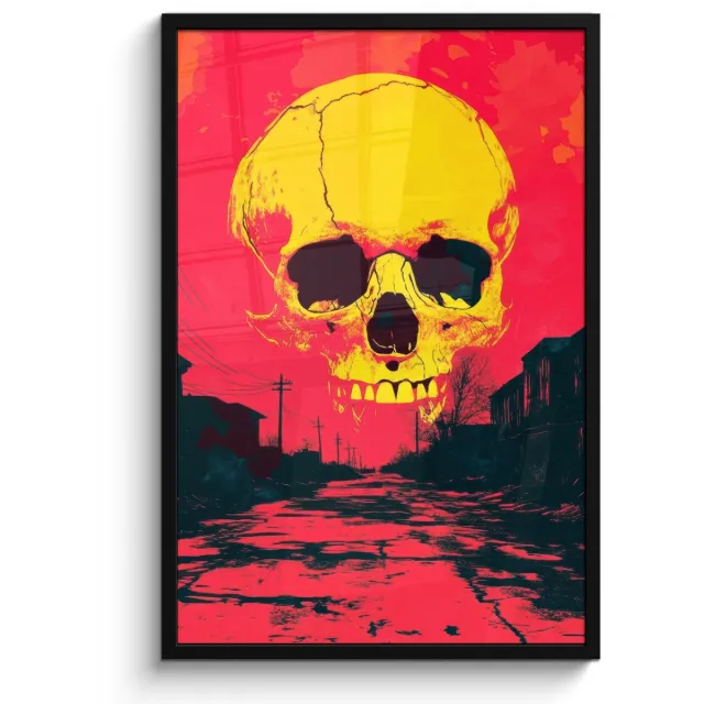 FrameYourWall Poster in lijst - Fotolijst 60x90 cm - Posters - Straat - Verlaten - Schedel - Geel - Posterlijst zwart - Decoratie - Wanddecoratie woonkamer - Muurdecoratie slaapkamer Schedel - Straat