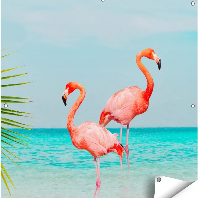 Gards Tuinposter Twee Flamingo's in het Water - 90x90 cm - Tuindoek - Tuindecoratie - Wanddecoratie buiten - Tuinschilderij Multikleur