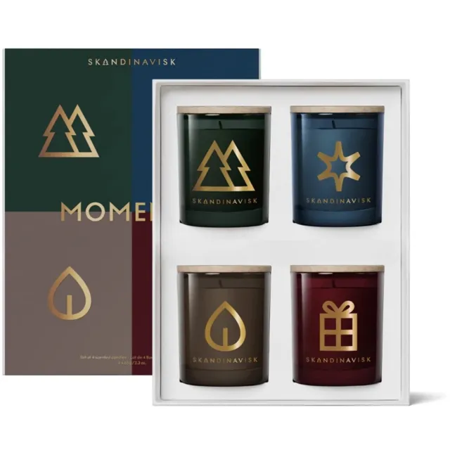 Skandinavisk Moments geurkaars 4x 65gr giftset: Skog + Jul + Stjärna + Hygge Gold special editioin - Moments meerkleurig