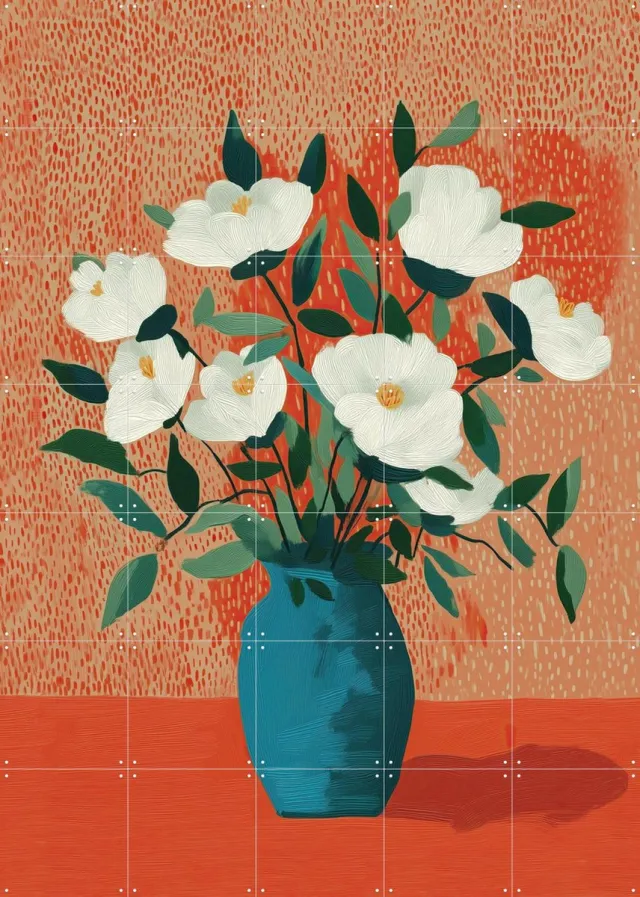 IXXI White Blossoms in Blue Vase, Branka Kodžoman - 100 x 140 cm - Grote wanddecoratie en posters - Kleurrijk, Kwaststreken, Schilderijen, Eetkamer Rood