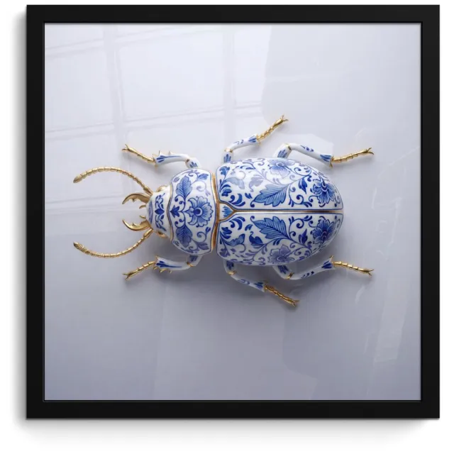 FrameYourWall Poster in lijst - Fotolijst 40x40 cm - Posters - Kever - Delfts - Blauw - Goud - Posterlijst zwart - Decoratie - Wanddecoratie woonkamer - Muurdecoratie slaapkamer