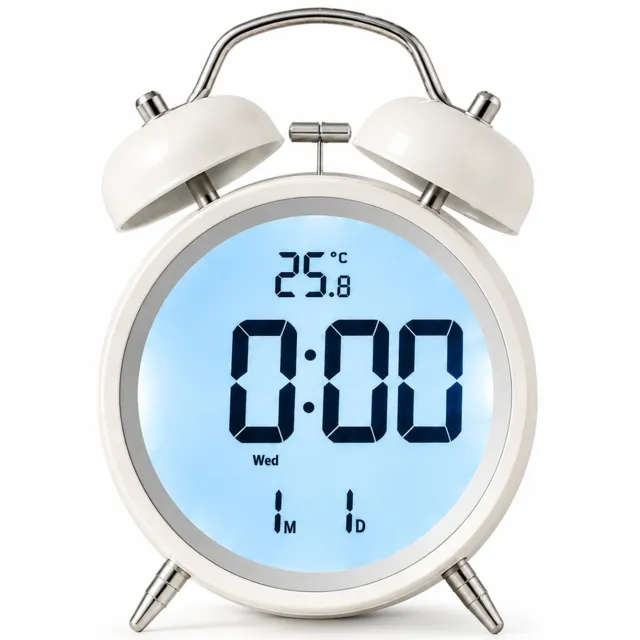 SWGOTA Witte digitale wekker op batterijen met dubbele bel, blauw verlicht display, tijd, temperatuur- en datumweergave voor het nachtkastje