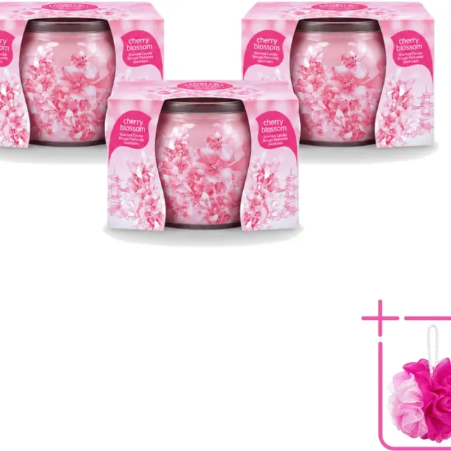 At Home 3 x At Home - Scents - Geurkaars - Cherry Blossom - 70 g - Bulkverpakking - Geurkaars cherry blossom - Douchemop - Geur in huis Roze