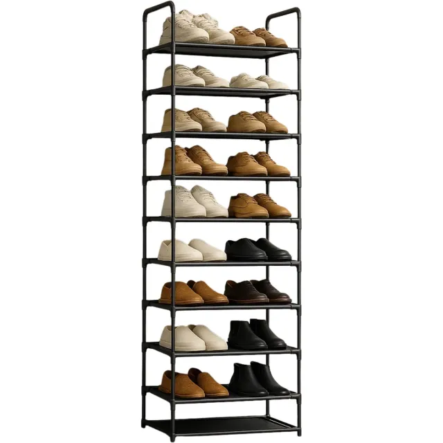 Lomera Schoenenrek 10 Lagen - Schoenen Opbergsysteem voor 20 tot 30 Paar Schoenen - Metalen Frame - Zwart - Waterafstotend Vinyl - Non-woven Stof - Lichtgewicht Ontwerp - Ruimtebesparend - Stevige Constructie nvt