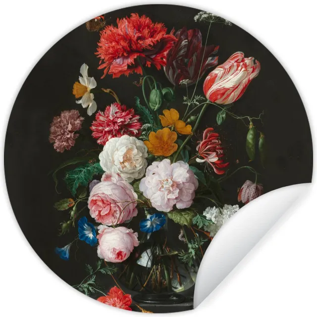WallCircle Behangcirkel - Muurstickers slaapkamer - Bloemen - Stilleven - Kunst - Oude meesters - Wandsticker - Ronde wanddecoratie - Muursticker rond - 80x80 cm - Behangsticker - Plak stickers - Ronde muursticker - Cirkel behang